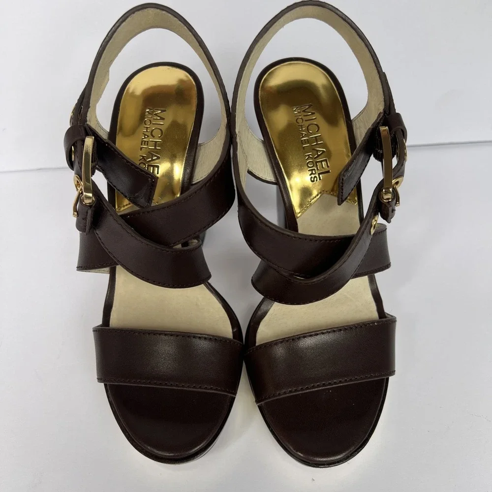 Michael Kors Women Brown Sz 5M Solid Leather High Platform Heels NEW w/box